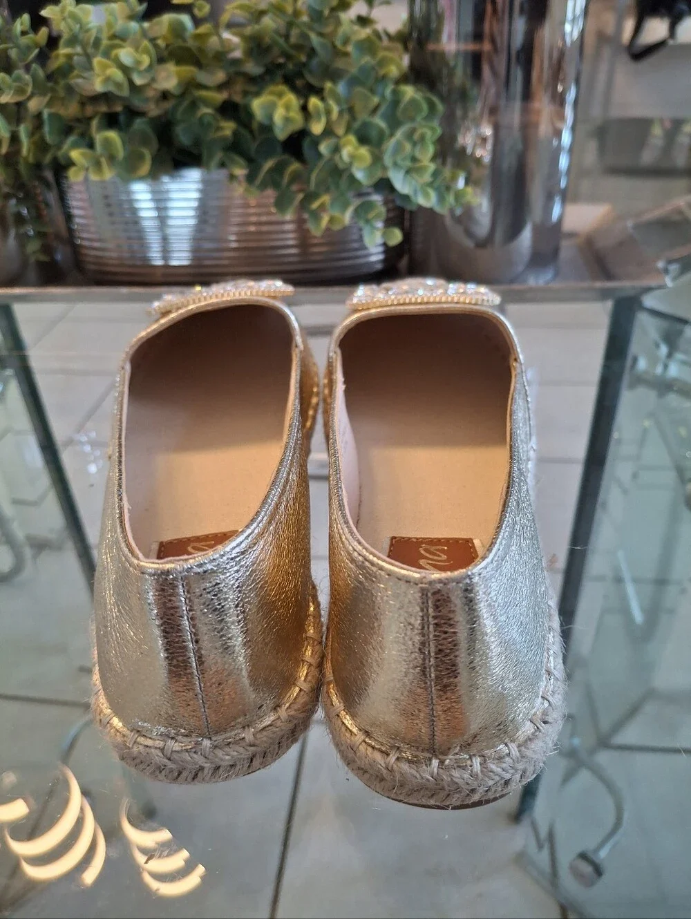 Metallic Silver Jeweled Espadrille Flats - Women
